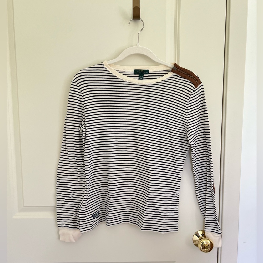 Ralph Lauren Striped Long Sleeve Shirt with Faux Suede, Large